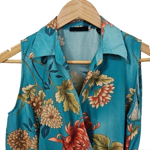 Silk floral teal wrap sleeveless collard top size small - Picture 3 of 11